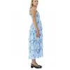 Casual Dresses Blue Printed Halter Long Dress Pressure Pleated High Waist Stretchy Women's Quality Fashion Y2k Summer