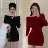 Casual Dresses Sweet Girl Christmas Red Off Shoulder Dress Women's Autumn/Winter Slim Fit Pure Sexy Wrap Hip Fashion Female Clothes