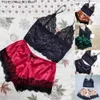 Seksi Set Kadın Pijama Saten Dantel Çamaşırı Elastik Kolye Şort Kolsuz Top Q240426