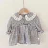 Rompers meisjes kleren Peter pan kraag plaid Baby Bodysuit met lange mouwen H240506