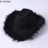 Szerokie brzegowe czapki wiadra czapki moda cowgirl hat fluffy pióra zachodnia kowbojska kapelusz na świąteczny festiwal licencjacki cosplay capplay cap y240425