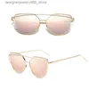 Solglasögon New Fashion Cat Eye Retro Rose Gold Mirror Womens Solglasögon Metal Reflective Flat Lens Tourism Solglasögon Multi Color Style Q240425