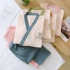 Women's Sleepwear Autumn Winter V-neck Thickening Candy Color Japanese Kimono Pajama Set Two Pieces Cotton Long Sleeve Pants Elastic