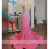 Sequined Mermaid Prom Glitter Pink Dress 2024 For Black Girls Sheer Crew Neck Sparkly Crystal Rhinestones Beading Formal Birthday Party Evening Gown Vestidos mal
