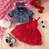 Bebek Giyim Setleri Toddler Çocuk Bows Prenses Kıyafetleri Bebek Kızları Seviyor Kalp Dantel Tül Tül Süssü Elbise Lapel Puf Sleeve Dış Giyim 2pcs Z7900