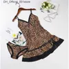 Sexy Set Leopard Print Ice Seide Hanging Pyjamas für Frauen dünne europäische und amerikanische sexy große Haushaltsnetzunterwäsche Q240426