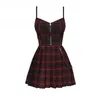 Casual Dresses Red Black Plaid Gothic Girls Sexig Sling Dress Preppy Style Summer Women Sleeveless Mini Short Pleated Goth Punk Streetwear