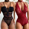 Women's Sleepwear Sexy Woman Underwear Black Floral Lace Slpwear Choker V-Neck Bodysuit Playsuits Female Comes Sexy Lingerie Set Intimates Y240426