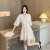 Casual Dresses Dress Women 2024 French Style Three Quarter Sleeve Flounced Belt Solid Chiffon Shirring Zipper