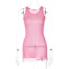 Casual jurken soefdioo gebreide patchwork kwastjes roze jurk vrouwen schattige verbluffende mouwloze o-neck bodycon mini 2024 summr feest clubkleding