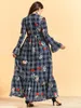 Lässige Kleider blauer Plaid gedrucktes Horn Langarm Nahe Osten Muslimer Robe Mode große Frauen plissierte Bohemian Kleid