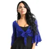 Stage Wear Women Sheer Floral Lace Blazer Bolero Shrug Flare Sleeve Lace-up Coat Crop Top Ballet Belly Dance Cardigan Wraps Cover Up