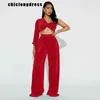 Kvinnors tvåbitar byxor Autumn Sexig veck med två stycken Set Women mode Solid Off Axel Single Slve Top Wide Leg Pants Two Piece Set Women Y240426