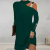 Casual Dresses Elastic Fabric Dress Elegant One Shoulder Mini With Chain Decor Long Sleeves For Women Solid Color Loose Halter Neck Soft