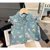 Kledingsets 2024 Summer Girls Floral Printing Denim Pakken Baby Girl Fashion Mouwess Top Shirts+Shorts Tweedelige kledingsets