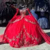 Robes de quinceanera mexicaine rouge avec applique papillon de luxe Cape Vestido 15 Quinceaneras Corset Prom Lacet Up
