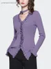 Damesbreien Women 'Light Purple Skinny Wool Sweater met afschikbare bloem stropdas lange mouw v-hals ruches herfst winter gebreide tops