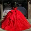 Perle glitter rosse perline per perline da ballo in cristallo vestiti da quinceanera dal corsetto a prua spalla Vestidos de 15 anos