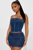 Work Dresses WUHE Denim Women Set Zipper Front Strapless Crop Top And High Side Bodycon Mini Skirt 2024 Summer Jean Two 2 Piece Outfit