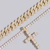 Strands Hip Hop 2-piece Cross Tennis Chain 14MM Prong Cuban Necklace Mens and Womens Iced 2 Rows Cuban Chain Necklace Couple Jewelry 240424