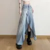 Röcke Irabeezt American Retro Frauenrock Streetwear Ruffen geteilt Denim mit hoher taillierter dünner Mädchen weibliche trendige Kleidung