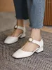 Dress Shoes MicroFiber Women Buckle Pump Ladies 2024 Zwart Witte Abrikoos gesloten teen Ronde dikke hakklep plus Mize 43