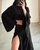 Women's Two Piece Pants Summer Fashion Vacation Style Two piece Set Women Casual Solid Flare Slve Top Split Wide Leg Pants Two piece Set Women Y240426