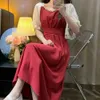 Basic Casual Dresses Women Dress Square Collar Faux Pearls Decor Maxi Dress Puff Short Sleeve Waist Lace-up Large Hem Patchwork Color A-Line Clothing