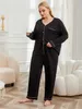 Women's Sleepwear Plus Size Women Pajama Set V Neck Front Button Slpwear 2 Pieces Fall Long Slves Nightwear Solid Color Female Homwear Cloth Y240426