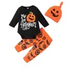 Jungen und Mädchen Baby Halloween Buchstaben Langarmärmel Hemd + Kürbismusterhose + Hutanzug