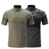 Taktiska T-shirts Armé Taktisk kamouflage-mens T-shirt med klistermärken för utomhusträning kortärmad topp snabba halva blixtlåsjaktströja 240426