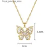 Pendant Necklaces Dream crystal golden butterfly necklace suitable for womens Rhinestone symmetrical pendant accessories party jewelry gifts Q240426