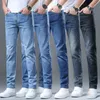 Summer Mens High Quality Thin Blue Slim Jeans Classic Style Business Straight Stretch Denim Pants Mane Brand Trousers 240420