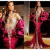 Rood Arabisch Aso Ebi Dark Mermaid Prom Dresses Sparkly Crystals kralen hoge split lange mouwen plus size size avond formeel feest tweede receptie jurken jurken