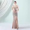 Runway Dresses YIDINGZS Strap V Neck Gold Sequin Dress Sexy Slit Evening Dress Womens Party Maxi Dress Long Prom Dress Y240426