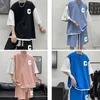Waffle Casual Sports Suit For Men Women SS Patchwork Two Pieces Set Trendy Short Sleeved T-Shirts Letter Shorts Streetwear 240412