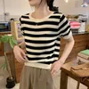 Frauen T -Shirts Frühling/Sommer Korean Edition Lose Striped Spitzendesign eleganter und vielseitiger Strickwaren kurzärmeliges Top