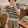 Frauen T -Shirts Frühling/Sommer Korean Edition Lose Striped Spitzendesign eleganter und vielseitiger Strickwaren kurzärmeliges Top