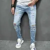 Men's Jeans New Tear Solid Color Tight Jeans Mens Elastic Small Foot Hole Motorcycle Denim Trousers Mens Street ClothingL2404