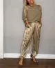 Women Spring Summer Fashion Solid Color Satin Two Piece Set Round Neck Long sleeved Top Long Pants Casual Loose Two Piece Set 240412