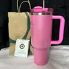 US Stock Co-Branded Pink Flamingo H2.0 40 Unzen Edelstahl Tumblers Tassen mit Silikongriff Deckel Strohweg Fahrtwagen Cosmo Pink Wasserflaschen