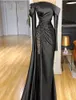 2021 New Sexy Black Mermaid Evening Dresses Wear Off Shoulder Long Sleeves Crystal Beading Satin Dubai Arab Formal Party Dress Pro4556823