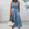 Grundläggande casual klänningar Leopardknapp ner denim sexig klänning dam ärmlös klänning jeans lång skjorta klänning kvinnor sommar vestido elbise robe sukienka