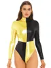 Stage desgaste feminino Bodysuit metálico Bloco colorido de manga longa collant shiny mock pescoh gatsuith zipper invisível traseiro clubwear