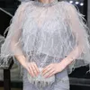 Partykleider Janevini Luxus schwerer Perlen Dubai Meerjungfrau Abend mit Feathers Cape Grey Arabic Prom Kleid Frauen Hochzeitskleider