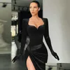 Urban Sexy Dresses 2022 Autumn Winter Women Solid Veet Long Sleeve Ruched Midi Dress Side Slit Bodycon Streetwear Party Elegant Club D Dh9Ax