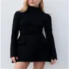 Casual Dresses Elegant Dark Blue Pending Mini Dress Women 2024 Autumn Pocket Long Sleeve Sexy Bodycon Lady CLIC Party Club Robe