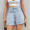 Women's Shorts 2024 Summer New Slim Hemmed Denim Shorts High Waist Booty Shorts Jean with Button Ropa De Mujer Sky Blue Y240425