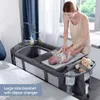Bärbar baby basinet sängkläder med blöja omklädningsbord, musikmobil och ark - stor playard för nyfödda till småbarn - resevänlig design