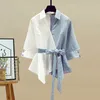 Summer Stitched Chiffon Long Sleeve Shirt Kvinnlig byxa Set Elegant Womens Jeans Casual Ladies Blus Two Piece 240423